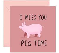 Old English Co. Pig I Miss You Card - Humorous Animal Pun Card for Best Friend, Brother, Sister, Mum, Dad | Funny Friendship Card for Men and Women | Blank Inside & Envelope Included