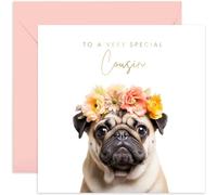 Old English Co. Pug Dog Very Special Cousin Card - Pug Floral Cute Birthday Card for Her - Cute Well Done Congratulations Cards for Cousin from Family | Blank Inside Envelope