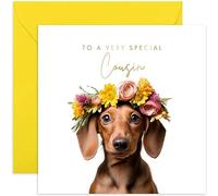 Old English Co. Red Daschund Dog Very Special Cousin Card - Red Daschund Puppy Floral Cute Birthday Card for Her - Cute Well Done Congratulations Cards for Cousin from Family Friends