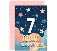 Old English Co. Seventh Birthday Card for Boy or Girl - Cute Star Space Illustration - 7 Year Old Card - 7th Birthday Card for Him Her - Rainbow Clouds Birthday Card for Kids Children | Blank Inside