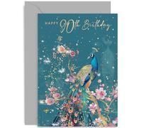 Old English Co. Special 90th Birthday Card for Her - Gold Foil Peacock Cherry Blossom Ninetieth Birthday Greeting Card for Women - Birthday Gift for Sister, Daughter, Niece | Blank Inside