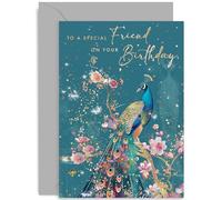 Old English Co. Special Female Friend Birthday Card - Gold Foil Peacock Cherry Blossom Birthday Greeting Card for Women - Stylish 30th, 40th, 50th, 60th Birthday Gift for Her | Blank Inside
