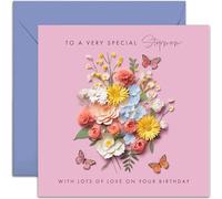 Old English Co. Special Stepmum Birthday Card for Her - Pink Flower Butterfly Artwork Birthday Card from Stepchildren - Cute Stepmum Birthday Card | Blank Inside Envelope