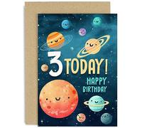 Old English Co. Third Birthday Card for Boys and Girls - Happy 3rd Birthday - Age 3 - Three Years Old - Cute Space Planets Themed Birthday Card for Daughter, Son, Grandaughter, Grandson