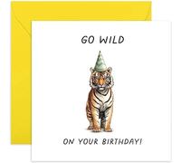 Old English Co. Tiger Party Hat Funny Birthday Card - 'Go Wild' - Witty Animal Pun Card for Friends - Cute Design for Kids and Adults - Blank Inside with Envelope