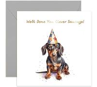 Old English Co. Well Done Card for Him or Her - Cute 'Clever Sausage' Daschund Dog Painting Card for Men Women - Congratulations for Graduation, Exams, New Job | Blank Inside with Envelope