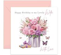 Old English Co. Wife Birthday Card Floral - Bouquet Birthday Card for Her - Pretty Greeting Cards For Women - Butterflies and Flowers - Gifts For Wife From Husband | Blank Inside with Envelope