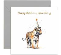 Old English Co. Wild Thing Tiger Birthday Card for Her - Tiger Party Hat Birthday Card for Mum, Dad, Daughter, Son - Gold Foil Birthday Card for Women and Men | Blank Inside with Envelope