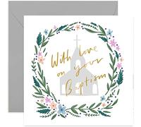 Old English Co. With Love Baptism Card - Gold Foil Square Religious Card | First Communion, Baptism, Christian, Confirmation | Blank Inside & Envelope Included