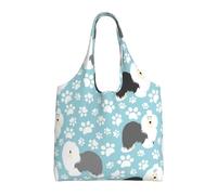 Old English Sheepdog Background With Hand Drawn Paws Cute Cartoon,Reusable Tote Bags Grocery Bags Large Capacity Canvas Shopping Shoulder bag