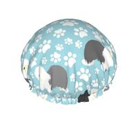 Old English Sheepdog Background With Hand Drawn Paws Cute Cartoon,Shower Cap Nightcap Double Layer Waterproof Elastic Bath Cap Reusable Hair Cap
