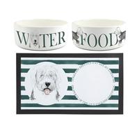 Old English Sheepdog Pet Bowls & Mat Set - Painted Dog Portraits by Rhiannon Chauncey - Large Ceramic Food & Water Dishes & Non-Slip Rubber Mat For Dogs (Set of 3)
