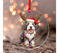 Old English Sheepdog with Antlers Christmas Tree Ornament Dog Mom Dog Dad Puppy Lover Round Christmas Tree Ornament Keepsake Funny Pet Dogs with Hat Acrylic Christmas Bauble for Xmas Party Decorations