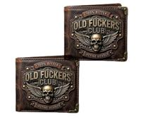 Old F*CKERS Club Vintage Leather Wallet for Men, Premium 3D Chrome Skull Wings Bifold Wallet,Minimalist Billfold with Cash Storage,Skull Biker Wallets Gift for for Dad, Husband (AA#)
