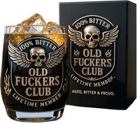 Old F*ckers Club Whiskey Glass, Black & Gold Skull Wings Design, Durable Barware for Whiskey Bourbon Scotch, Funny Gift for Dad Friend Coworker, Commemorative Drinkware for Bold Legends (1PC)