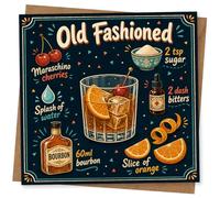 Old Fashioned Cocktail Birthday Card, Funny Retro Drinks Greeting Card for Cocktail Lovers, Illustrated Whisky and Bourbon Design