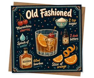 Old Fashioned Cocktail Birthday Card, Funny Retro Drinks Greeting Card for Cocktail Lovers, Illustrated Whisky and Bourbon Design