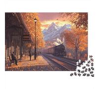 Old Fashioned Railway Station Jigsaw Puzzles for Adults And Kids. 1000 Pieces Golden Fallen Leaves Whimsical Challenge Toy Educational Game Home Decor 38x26cm/1000pcs