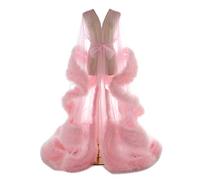 Old Hollywood Feather Robe for Women Long Lingerie Tulle Bathrobe Wedding Scarf Bridal Robe Maternity Photoshoot, G-pink, XXL