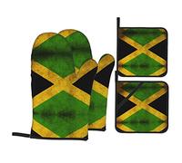 Old Jamaican Flag Kitchen Baking Four Piece Set Of Pot Holder Oven Gloves For Barbecue Cooking And Baking