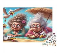 Old Ladies Beach Adult Jigsaw for Wall Decor: Two Old Ladies with Seagulls Educational Game Decompression 1000Pc 38x26cm/1000pcs