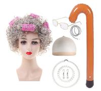Old Lady Costume Set, 13Pcs Old Lady Fancy Dress Set, Includes grandma wig, pearl necklace, earrings, bracelet, cane, curlers, glasses for Halloween World Book Day Masquerade CarnivalGras Carnival