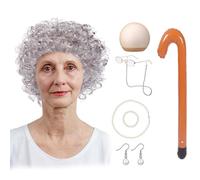 Old Lady Costume Set, Granny Fancy Dress Kit 8Including Old Lady Wig Glasses Wig+ Sunglasses + Necklace+ Ring + Beard, 70s Disco Accessories for 80s Theme Party