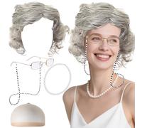 Old Lady Costume Set Grey Wig Grandma Wig Granny Glasses with Chain Necklace Earrings Bracelet Short-hair Old Lady Fancy Dress Accessories