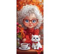 Old Lady Diamond Art Kits Adults, Cat Diamond Painting Kits for Adults, 5D Square Full Drill Gem Art Mosaic Kits for Beginner Crystal Rhinestone Embroidery Crafts for Home Wall Decor 90x180cm,Model766