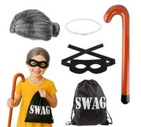 Old Lady Fancy Dress, Granny Costume, 5 Pcs Fancy Dress Granny Wig Eyepatch Necklace Cane Money and Bag, Grandmother Fancy Dress Costume for Halloween Costumes Black