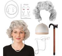 Old Lady Fancy Dress,Old Lady Wig,9Pcs World Book Day Costumes for girls Set Include Wig Hair Net Bracelet Necklace Earrings Glasses Chain Cane Sticker,Carnival Costume for 14+ Years Old
