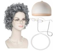 Old Lady Fancy Dress Set -Grandma Wig and Granny Costume for Halloween, Theme Parties & Cosplay - Includes Glasses, Glasses Chain, Wig and Wig Cap