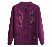 Old Lady Knit Cardigan 4XL | Womens Boho Floral Print Autumn Knitted Cardigan Round Neck Langarm Transition Sweater Middle-Aged and Elderly Classic Printing Mother Wear Warm Sweater (Purple, XXXXL)