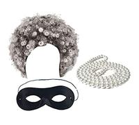 Old Lady Robber Grandma Costume Grey Afro Wig Domino Eye Mask Pearl Necklace Swag Adults Burglar Set