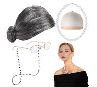 Old Lady Wig Costume For Women - Set Of 5 Grandmother Wig Granny Glasses Eyeglass Chain Pearl Necklace Bracelet | Grandma Granny Costume For Halloween Cosplay