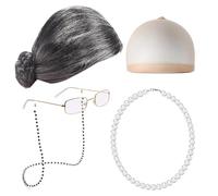 Old Lady Wig Costume For Women | Set Of 5 Grandmother Wig Granny Glasses Eyeglass Chain Pearl Necklace Bracelet - Grandma Granny Costume For Halloween Cosplay