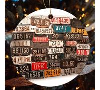 Old License Plate Ceramic Christmas Ornaments - 2 Pcs Rustic Round Xma Tree Decor with Hanging String, Personalized Vintage Double-Sided Holiday Party Decorations for Xmas Gifts