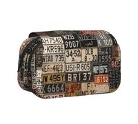 Old License Plate Double Layer Flip-Top Pencil Case,Large Capacity 50 Pens Organizer, Durable Polyester Stationery Holder for School, Art Travel (All-Over Print)