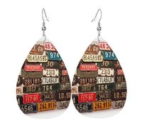 Old License Plate Earrings for Women Teardrop Leather Earring Double Sided Drop Dangle Earrings Lightweight Women's Ear Accessories Jewelry Fashion Birthday Gift