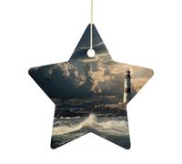 Old Lighthouse by The Sea Christmas Tree Ornaments Star Shape Ceramic Xmas Tree Hanging Pendants Christmas Tree Decorations for Xmas Family Party Holiday Decorative