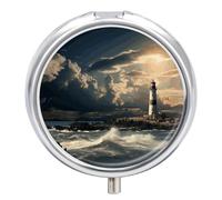 Old Lighthouse by The Sea Pill Box,3 Compartments Round Small Pills Case Moisture-Proof Portable Pill Container for Travel Vitamins Fish Oil Supplements