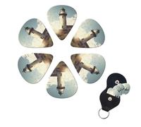 Old Lighthouse Guitar Picks 6 Pack, 0.71mm Thickness Celluloid Bass Pick with Leather Guitar Pick Holder Keychain Abstract Art Pics Plectrum for Acoustic Electric Guitar, Ukulele, Bass