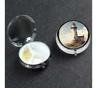 Old Lighthouse Pill Box with Mirror 3 Compartment Decorative Pill Case for Purse or Pocket Small Round Pill Organizer Weekly Metal Medicine Tablet Vitamin Holder Travel Gift