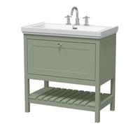 Old London Bexley Matt Single Drawer Vanity Unit and 3 Tap Hole Fireclay Basin | Fern Green | MDF | 800mm