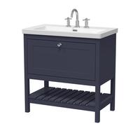 Old London Bexley Matt Single Drawer Vanity Unit and Minimalist 3 Tap Hole Fireclay Basin | Indigo Blue | MDF | 800mm