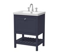 Old London Bexley Matt Single Drawer Vanity Unit and Minimalist 3 Tap Hole Fireclay Basin | Indigo Blue | MDF | 600mm