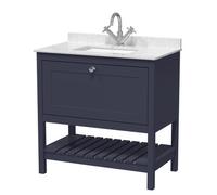 Old London Bexley Matt Single Drawer Vanity Unit with White Marble Countertop and Square Ceramic Basin | Indigo Blue | MDF | 800mm