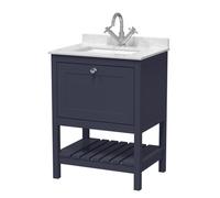 Old London Bexley Matt Single Drawer Vanity Unit with White Marble Countertop and Square Ceramic Basin | Indigo Blue | MDF | 600mm