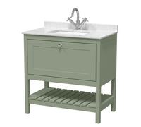 Old London Bexley Matt Single Drawer Vanity Unit with White Marble Countertop and Square Ceramic Basin | Fern Green | MDF | 800mm
