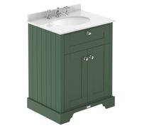 Old London Matt 2 Door Vanity Unit with White Marble Countertop and Round Ceramic 3 Tap Hole Basin | Hunter Green | MDF | 600mm